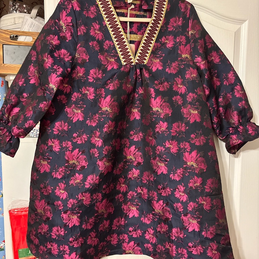 Floral Tunic Dress with Embroidered Neckline